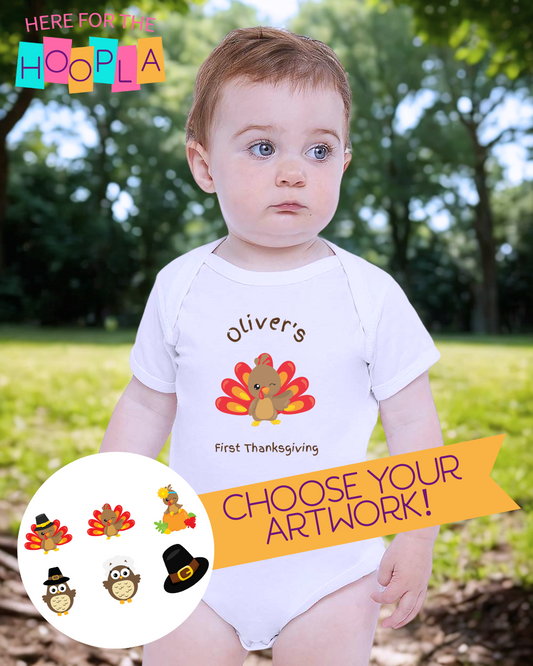 Personalized Thanksgiving Baby Bodysuit, Cute Thanksgiving Gift, Custom Name Baby Clothes, First Turkey Day
