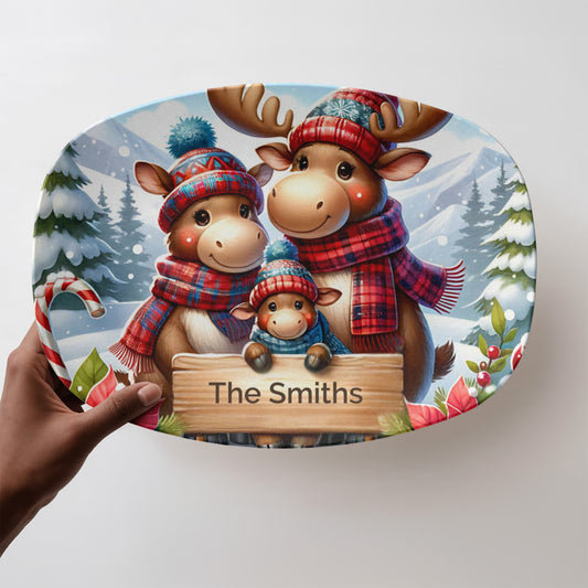 Personalized Christmas Platter, Custom Family Name Plate, Holiday Moose Decor, Festive Serving Tray, Christmas Gift Idea