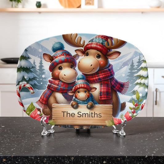 Personalized Christmas Platter, Custom Family Name Plate, Holiday Moose Decor, Festive Serving Tray, Christmas Gift Idea