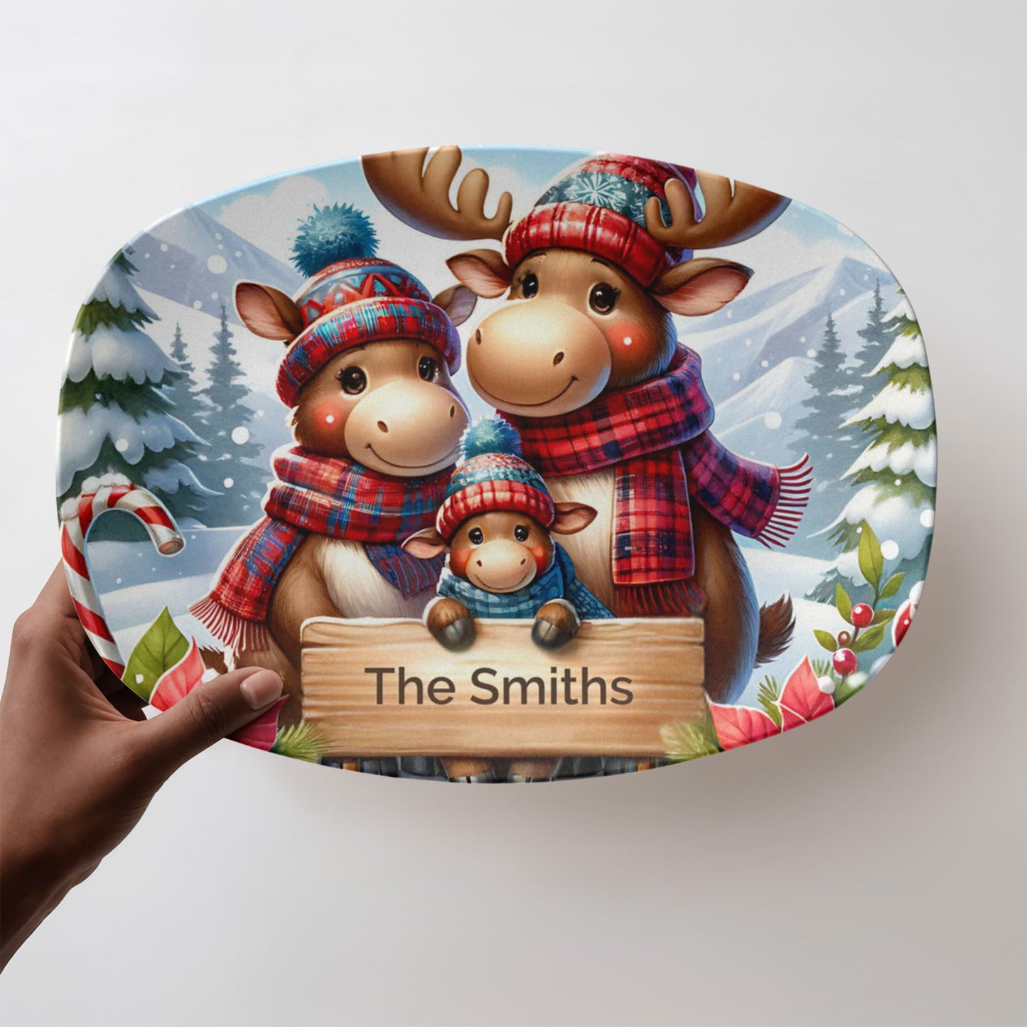 Personalized Christmas Platter, Custom Family Name Plate, Holiday Moose Decor, Festive Serving Tray, Christmas Gift Idea