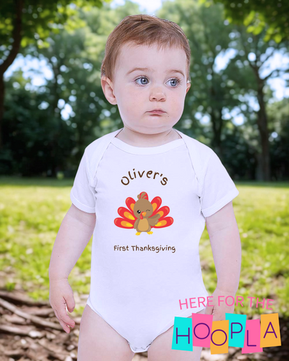 Thanksgiving Baby Bodysuit, Personalized Infant Onesie, Cute Turkey Design, Soft Cotton Baby Shower Gift, Custom Name Baby Clothes